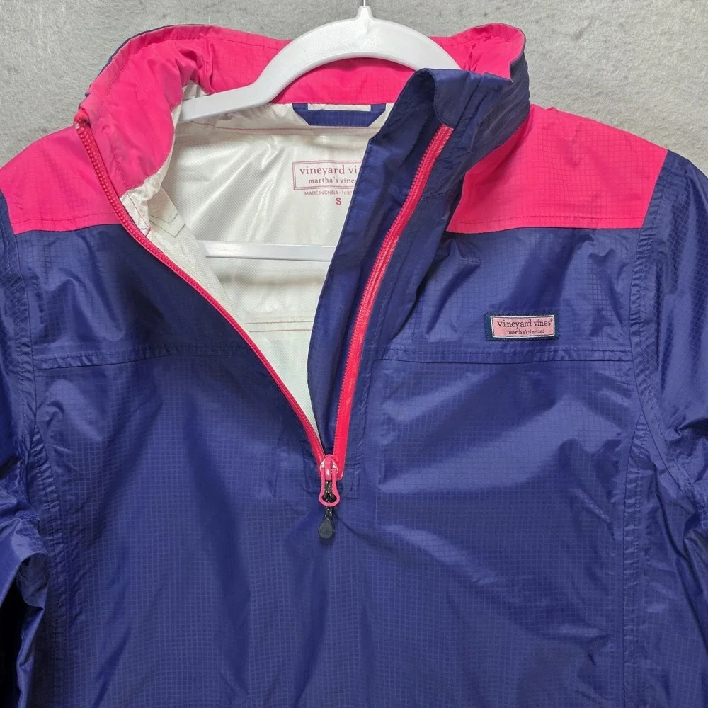 Vineyard Vines Rain Jacket Womens‎ Small Windbreaker Qtr Zip Hide Away Hood Blue